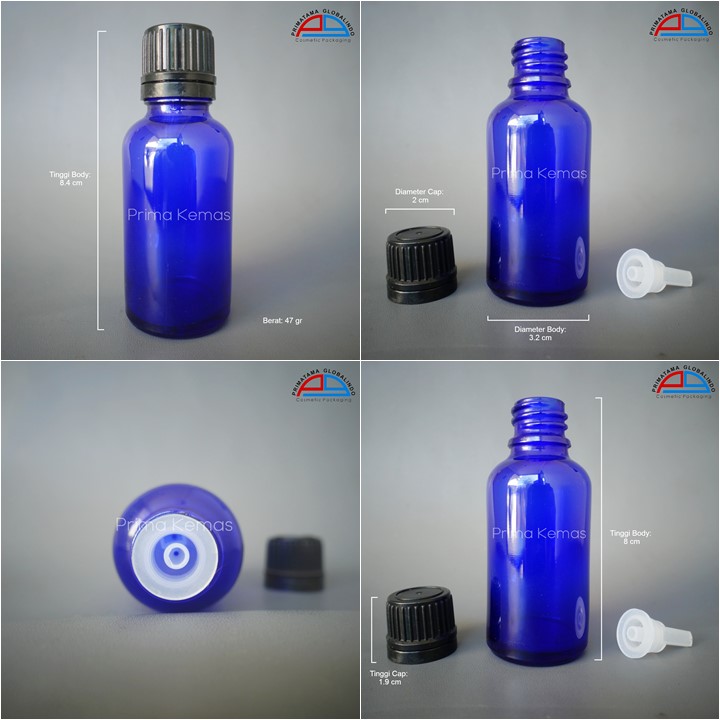 Botol Glass Dropper 30 ml Biru kemasan skincare, kemasan bodycare