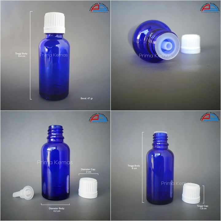 Botol Glass Dropper 30 ml Biru kemasan skincare, kemasan bodycare