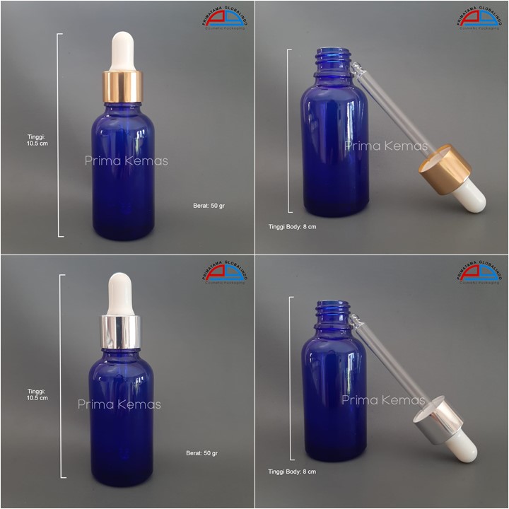Botol Pipet 30 Biru Gold & Silver kemasan skincare, kemasan bodycare